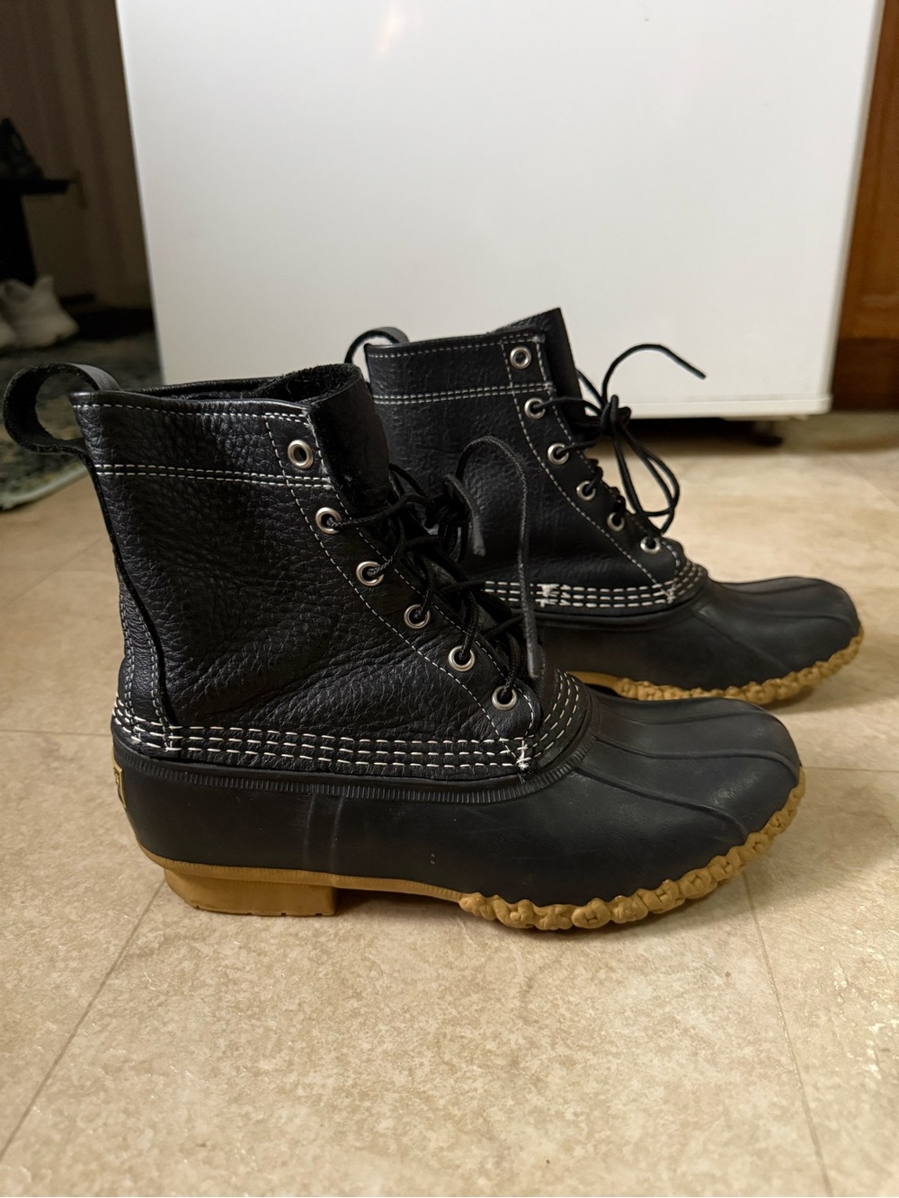 L.L. Bean Black 8” Unlined Duck Boots with Tan Outsole - Men’s size 8